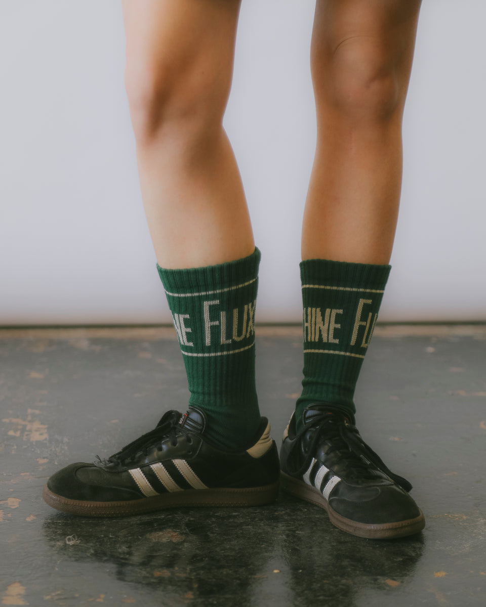 "FLUXUS MACHINE" Crew Socks - Dark Green/Creme