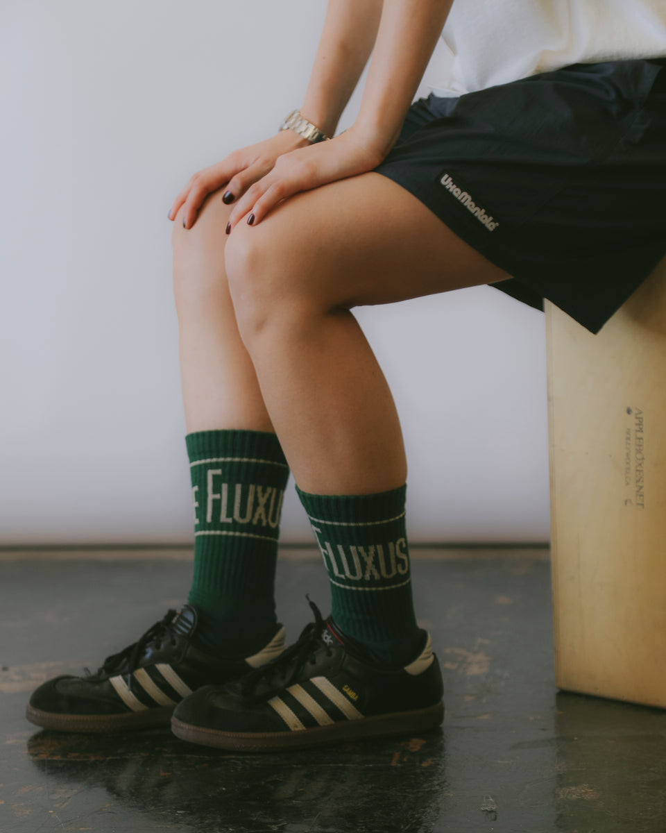 "FLUXUS MACHINE" Crew Socks - Dark Green/Creme