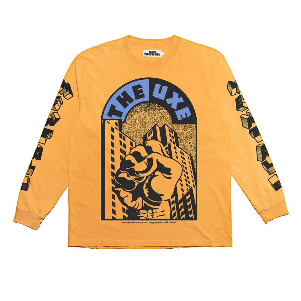 "ONE FOOT IN THE GRAVE, ONE FIST IN THE AIR" -Long Sleeve Tee - Washed Tangerine